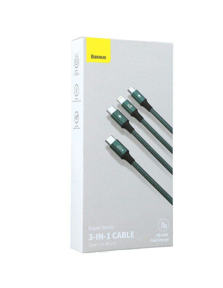 BASEUS Câble 3-en-1 Type C vers Micro USB / Lightning / Type C PD 20W CAMLT-SC06 1.5 m vert