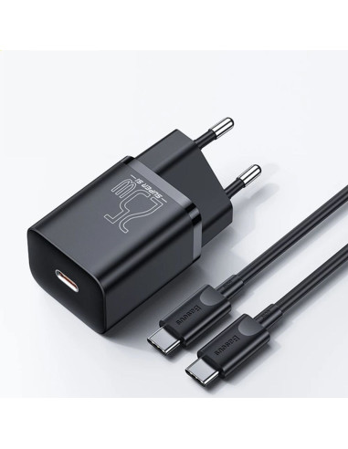 Chargeur secteur BASEUS Type C + câble Type C vers Type C PD QC3.0 3A 25W TZCCSUP-L01 noir