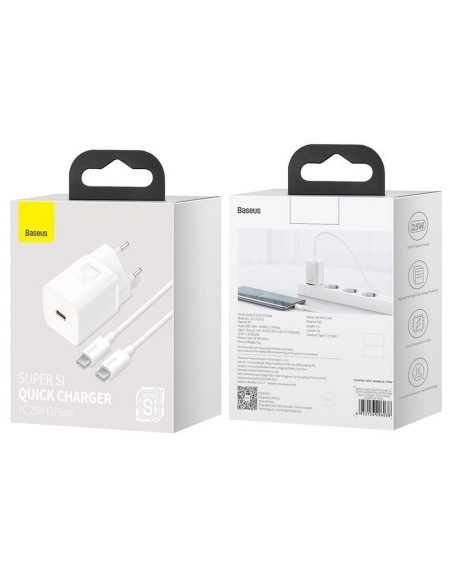 Chargeur secteur BASEUS Type C + câble Type C vers Type C PD QC3.0 3A 25W TZCCSUP-L02 blanc