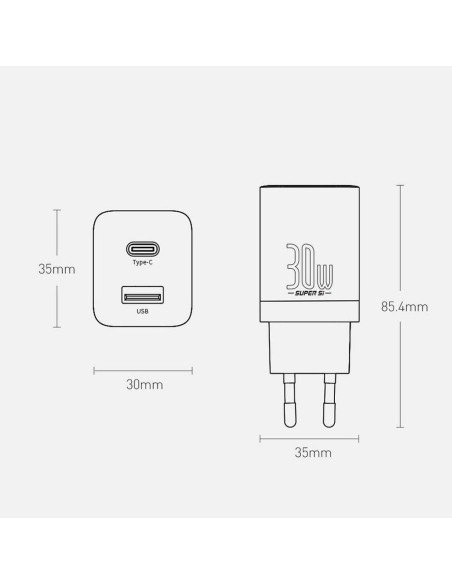 BASEUS USB A + Type C PD QC3.0 Chargeur secteur 30W CCSUPP-E01/CCCJG30UE noir
