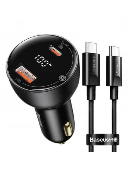 BASEUS chargeur de voiture USB A + Type C avec écran + câble Type C vers Type C PD3.0 QC4.0 5A 100W TZCCZX-01 noir