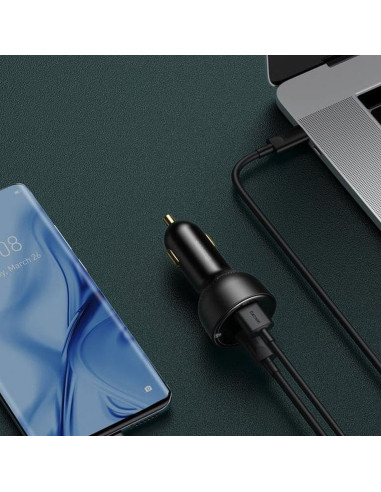 BASEUS chargeur de voiture USB A + Type C avec écran + câble Type C vers Type C PD3.0 QC4.0 5A 100W TZCCZX-01 noir