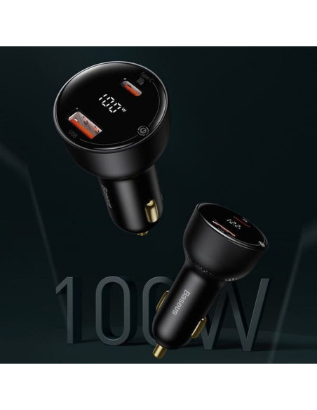 BASEUS chargeur de voiture USB A + Type C avec écran + câble Type C vers Type C PD3.0 QC4.0 5A 100W TZCCZX-01 noir