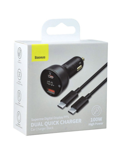BASEUS chargeur de voiture USB A + Type C avec écran + câble Type C vers Type C PD3.0 QC4.0 5A 100W TZCCZX-01 noir