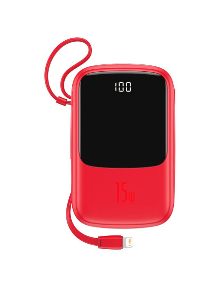 BASEUS powerbank 10 000 mAh avec câble Lightning intégré + câble USB A vers Type C PD QC3.0 3A 15W PPQD-B09 rouge