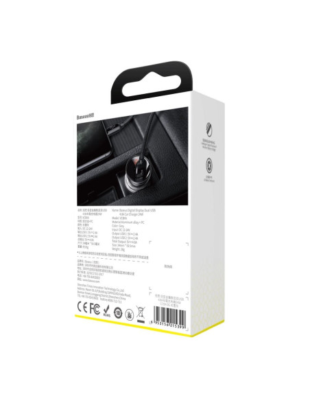 Chargeur voiture Digital Display numérique BASEUS 2xUSB 4.8A gris CCBX-0G