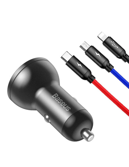 BASEUS Chargeur de voiture 2xUSB 4,8A 24W Digital Display + câble USB 3-en-1 (Micro / Lightning 8-pin / Type C) 1,2 mètres noir 