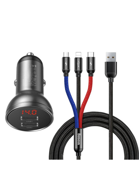 BASEUS Chargeur de voiture 2xUSB 4,8A 24W Digital Display + câble USB 3-en-1 (Micro / Lightning 8-pin / Type C) 1,2 mètres noir 