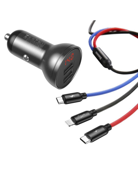 BASEUS Chargeur de voiture 2xUSB 4,8A 24W Digital Display + câble USB 3-en-1 (Micro / Lightning 8-pin / Type C) 1,2 mètres noir 