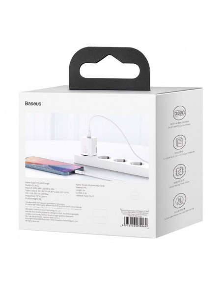 BASEUS chargeur secteur Type C + câble Type C vers Lightning PD QC3.0 3A 20W TZCCSUP-B02/CCCJGCE-D blanc