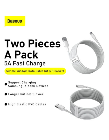 BASEUS cableUSB Typ C 2,4A Simple Wisdom TZCATZJ-02 1,5 m blanc 2 pcs