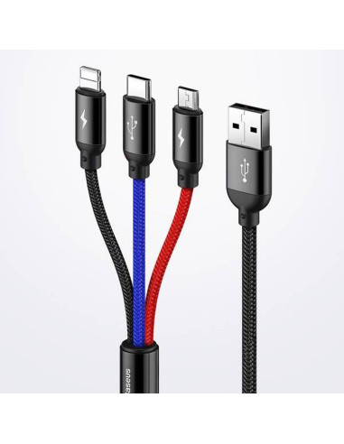 BASEUS Câble 3-en-1 USB A vers Micro USB / Lightning / Type C 3,5A CAMLT-BSY01 0,3 m noir