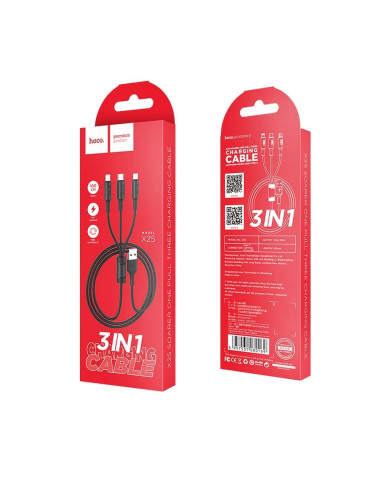 HOCO cable USB cable Soarer 3en1 ( iPhone Lightning 8-pin+Micro+Type C) X25 1m noir