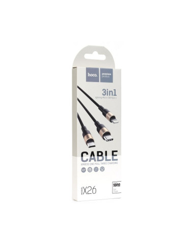 HOCO cable USB Câble 3en1 compatible avec iPhone Lightning 8-pin + Micro + Type C X26 1 metre NOIR-OR