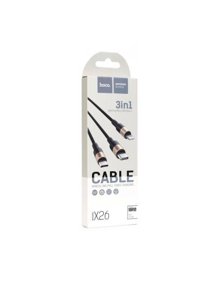 HOCO cable USB Câble 3en1 compatible avec iPhone Lightning 8-pin + Micro + Type C X26 1 metre NOIR-OR