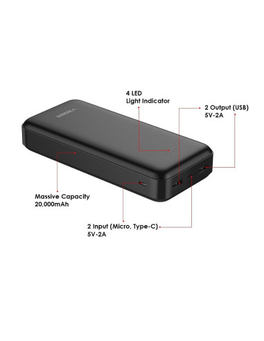 Banque d'énergie VEGER 20 000 mAh 2A A20 (W2015) noir EOL