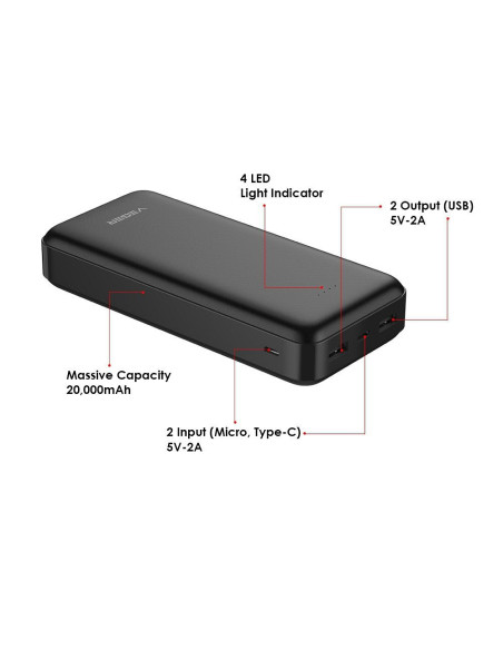Banque d'énergie VEGER 20 000 mAh 2A A20 (W2015) noir EOL