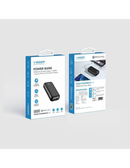 Batterie externe (Powerbank) VEGER S10 - 10 000mAh LCD Quick Charge PD 20W noir (W1135)