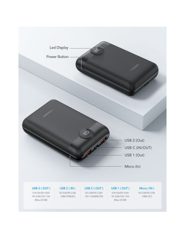 VEGER powerbank 20 000 mAh PD QC3.0 2A 22.5W S20 (W2053) noir