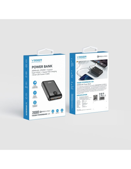 VEGER powerbank 20 000 mAh PD QC3.0 2A 22.5W S20 (W2053) noir
