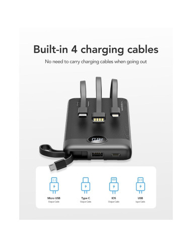 Banque d'énergie VEGER 10 000 mAh avec câbles Micro USB / Type C / Lightning C10 intégrés (W1116) noir
