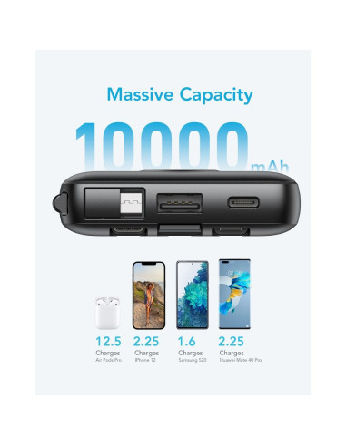 Banque d'énergie VEGER 10 000 mAh avec câbles Micro USB / Type C / Lightning C10 intégrés (W1116) noir