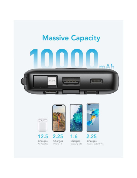 Banque d'énergie VEGER 10 000 mAh avec câbles Micro USB / Type C / Lightning C10 intégrés (W1116) noir