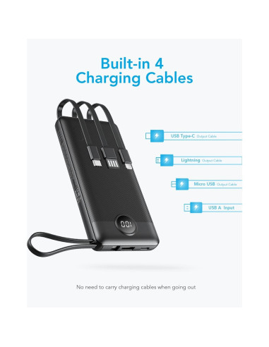 Banque d'énergie VEGER 10 000 mAh avec câbles Micro USB / Type C / Lightning C10 intégrés (W1116) noir