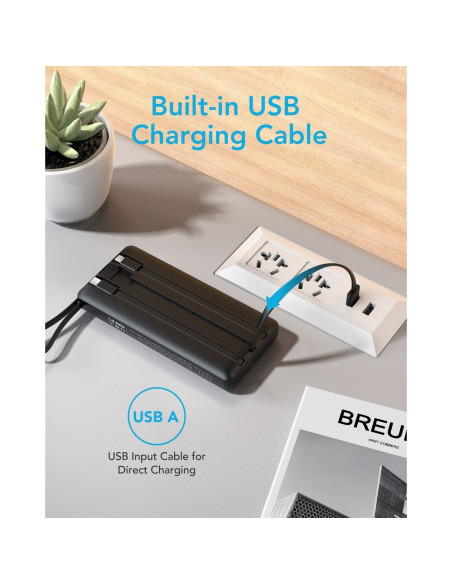 Banque d'énergie VEGER 10 000 mAh avec câbles Micro USB / Type C / Lightning C10 intégrés (W1116) noir
