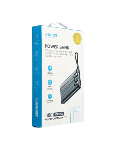 Banque d'énergie VEGER 10 000 mAh avec câbles Micro USB / Type C / Lightning C10 intégrés (W1116) noir