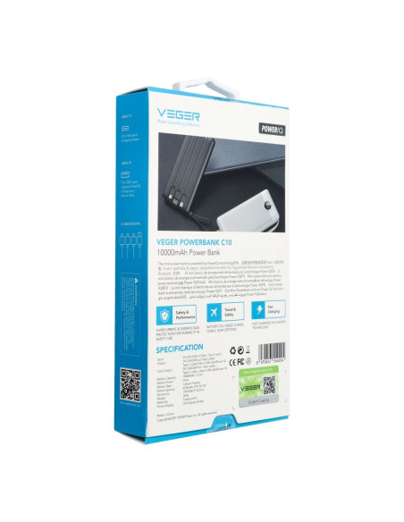 Banque d'énergie VEGER 10 000 mAh avec câbles Micro USB / Type C / Lightning C10 intégrés (W1116) noir
