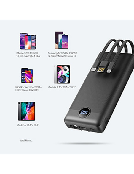 Banque d'énergie VEGER 20 000 mAh avec câbles Micro USB / Type C / Lightning C20 intégrés (W2047) noir
