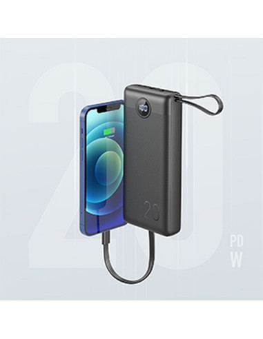 Banque d'énergie VEGER 20 000 mAh avec câbles Micro USB / Type C / Lightning C20 intégrés (W2047) noir