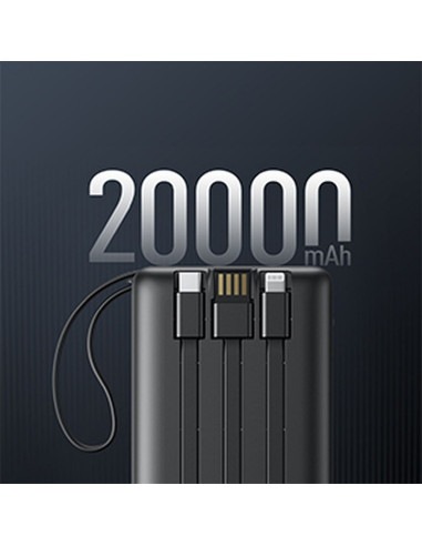 Banque d'énergie VEGER 20 000 mAh avec câbles Micro USB / Type C / Lightning C20 intégrés (W2047) noir