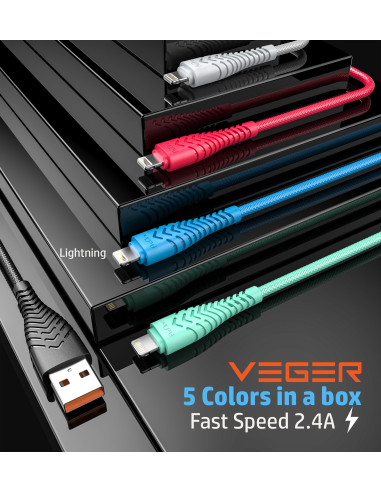 VEGER Câble USB A vers Lightning 2,4A V105 1,2 m noir