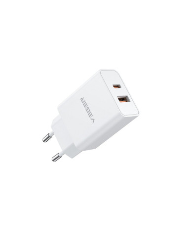 VEGER USB A QC3.0 + Type C PD 30W Chargeur secteur VLS302U blanc