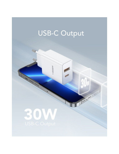 VEGER USB A QC3.0 + Type C PD 30W Chargeur secteur VLS302U blanc
