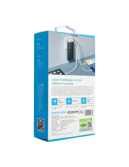 VEGER powerbank 10 000 mAh PD QC3.0 20W ACE100 (W1146) noir