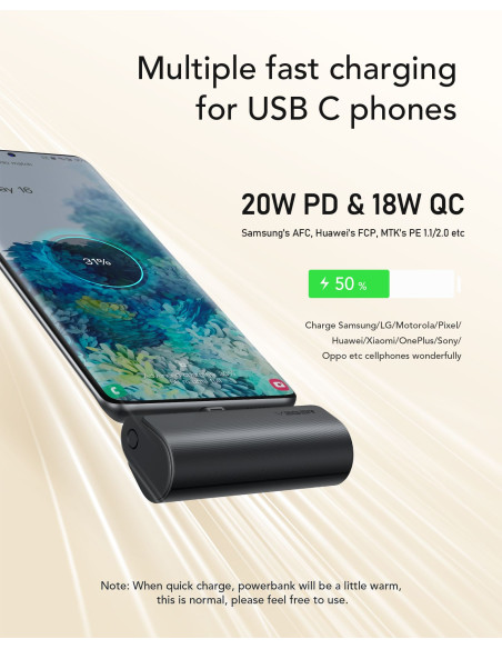 Banque d'énergie VEGER 5 000 mAh avec connecteur intégré Type C PD QC3.0 3A 20W PlugOn (W0556) noir