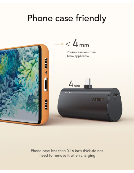 Banque d'énergie VEGER 5 000 mAh avec connecteur intégré Type C PD QC3.0 3A 20W PlugOn (W0556) noir