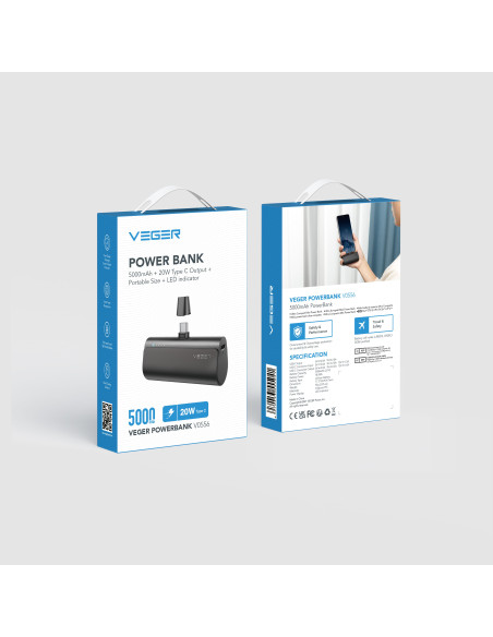 Banque d'énergie VEGER 5 000 mAh avec connecteur intégré Type C PD QC3.0 3A 20W PlugOn (W0556) noir
