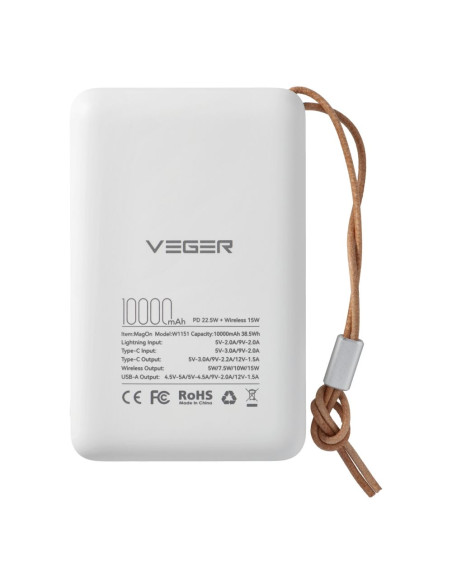 Banque d'énergie VEGER 10 000 mAh avec charge inductive compatible avec MagSafe PD QC3.0 2A 20W MagOn (VP1151 / W1151) blanc