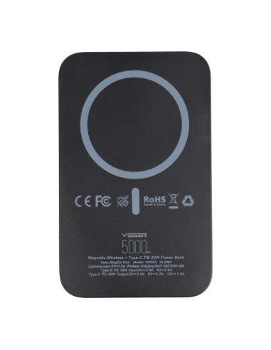 Banque d'énergie VEGER 5 000 mAh avec charge inductive compatible avec MagSafe PD QC3.0 2A 20W MagOn Kick (V0553P / W0553P) noir