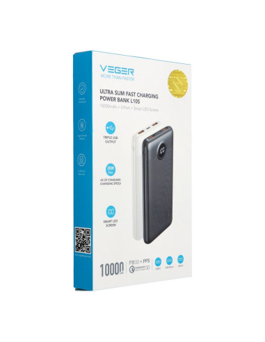 VEGER powerbank 10 000 mAh PD QC3.0 2A 20W L10S (W1105PD) white