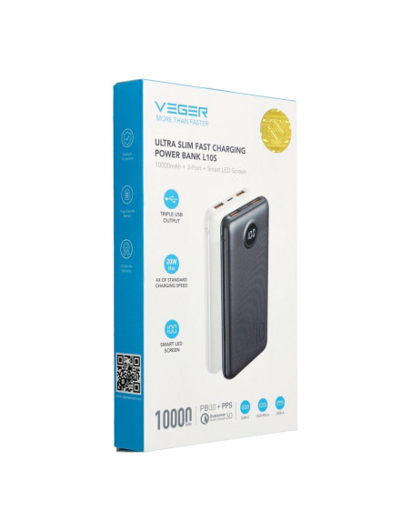 VEGER powerbank 10 000 mAh PD QC3.0 2A 20W L10S (W1105PD) white
