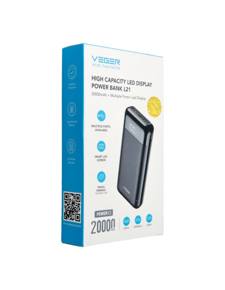 Banque d'énergie VEGER 20 000 mAh L21 (W2019) noir.
