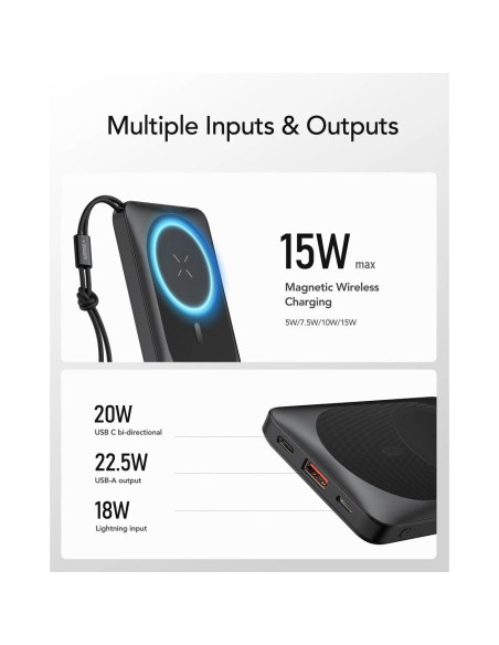 Banque d'énergie VEGER 10 000 mAh avec charge inductive compatible avec MagSafe PD QC3.0 2A 20W MagOn (VP1151 / W1151) noir