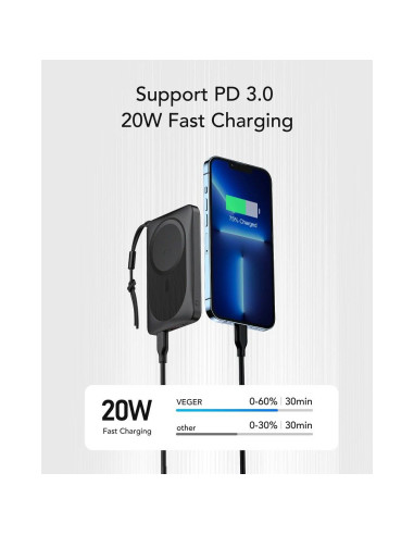 Banque d'énergie VEGER 10 000 mAh avec charge inductive compatible avec MagSafe PD QC3.0 2A 20W MagOn (VP1151 / W1151) noir