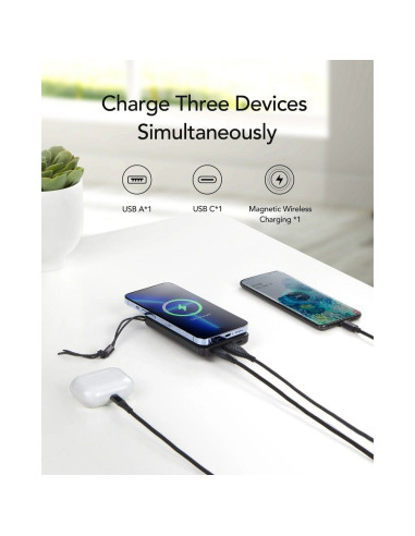 Banque d'énergie VEGER 10 000 mAh avec charge inductive compatible avec MagSafe PD QC3.0 2A 20W MagOn (VP1151 / W1151) noir