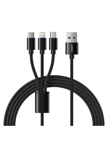 VEGER Câble 3-en-1 USB vers Type C + Apple Lightning 8 broches + Micro 2A V303 1.2m noir